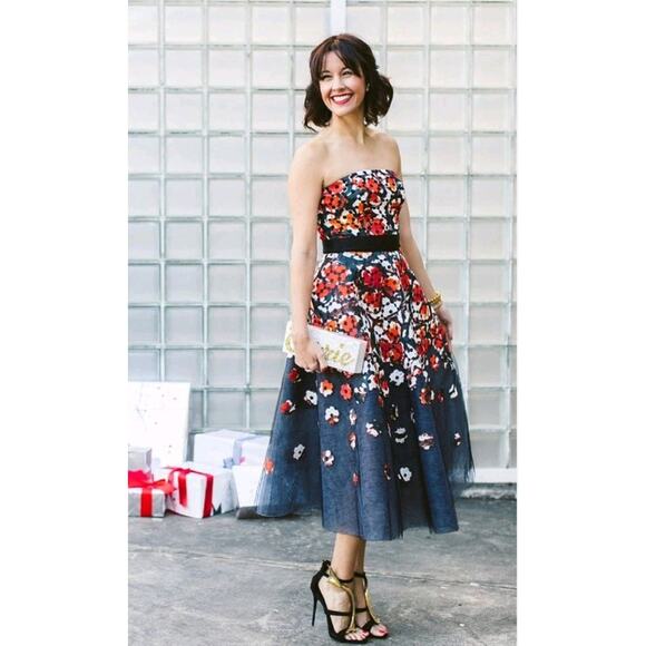 Sachin & Babi Noir Floral Norman Sz 4 Midi Dress Gown Red Bkack Tule Org… - Picture 2 of 16